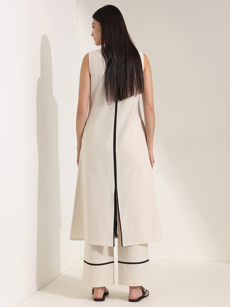 Linen Blend Colourblock A-Line Kurta Set - Off White & Black