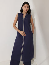Cotton Colourblock A-Line Kurta Set - Navy Blue