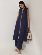 Cotton Colourblock A-Line Kurta Set - Navy Blue