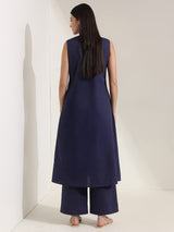 Cotton Colourblock A-Line Kurta Set - Navy Blue