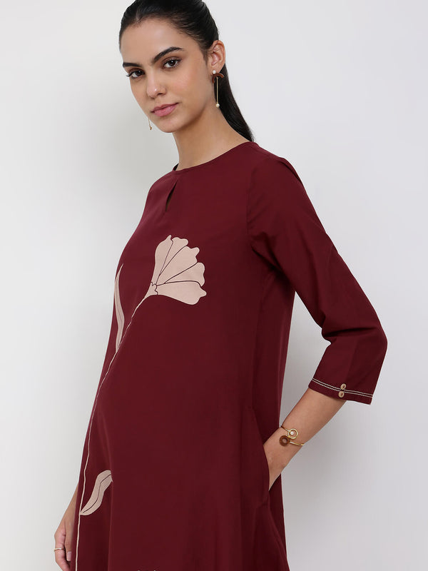 Cotton Floral A-Line Kurta Set - Maroon
