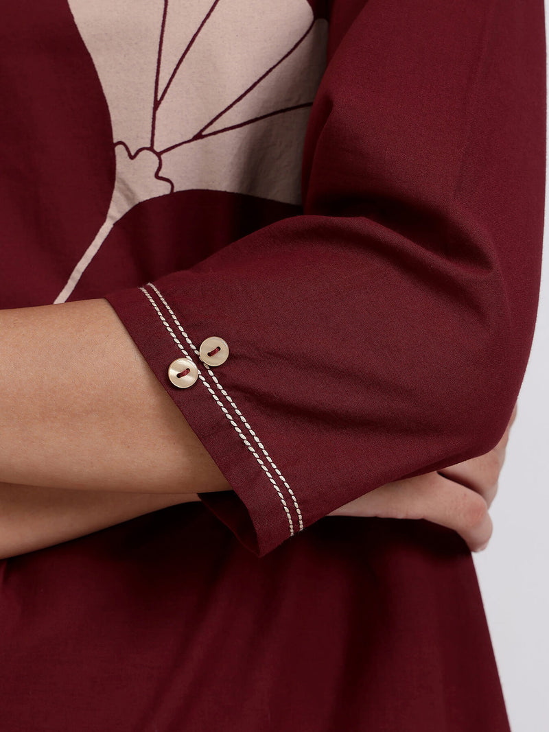 Cotton Floral A-Line Kurta Set - Maroon