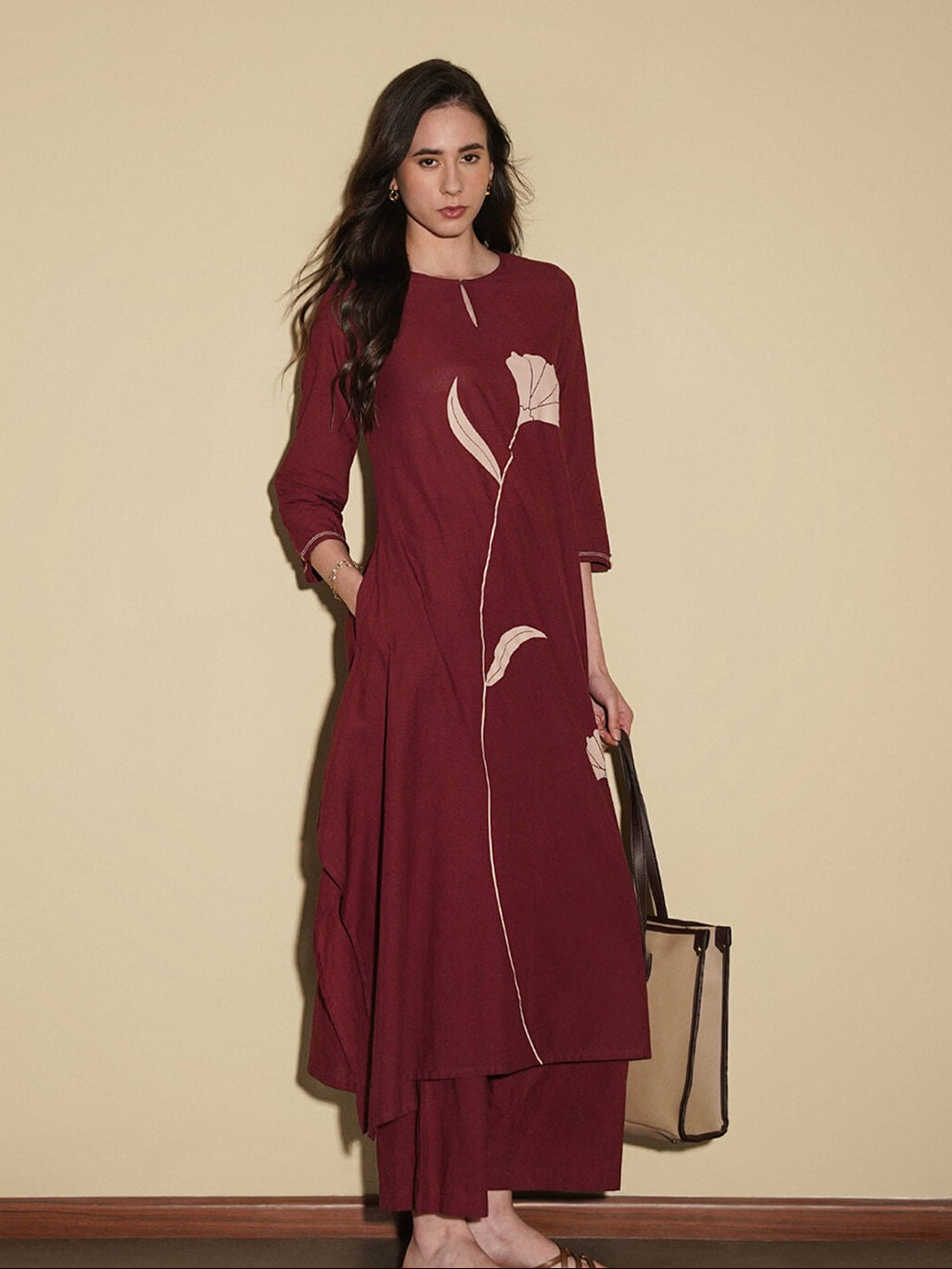 Cotton Floral A-Line Kurta Set - Maroon