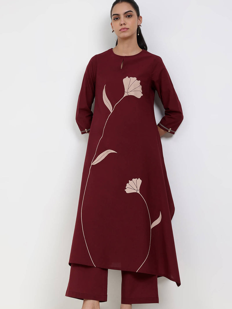 Cotton Floral A-Line Kurta Set - Maroon