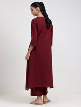 Cotton Floral A-Line Kurta Set - Maroon