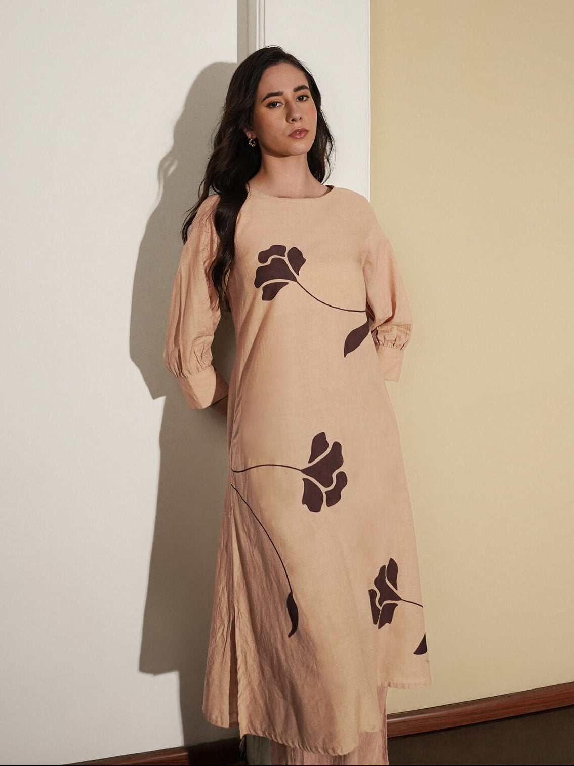 Cotton Floral A-Line Kurta Set - Beige