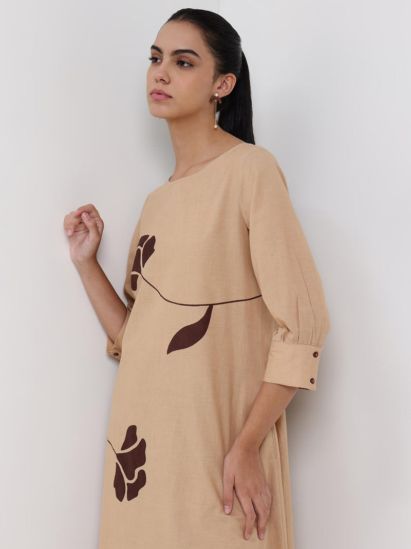 Cotton Floral A-Line Kurta Set - Beige