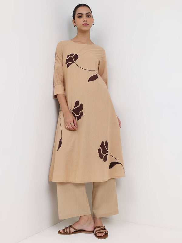 Cotton Floral A-Line Kurta Set - Beige
