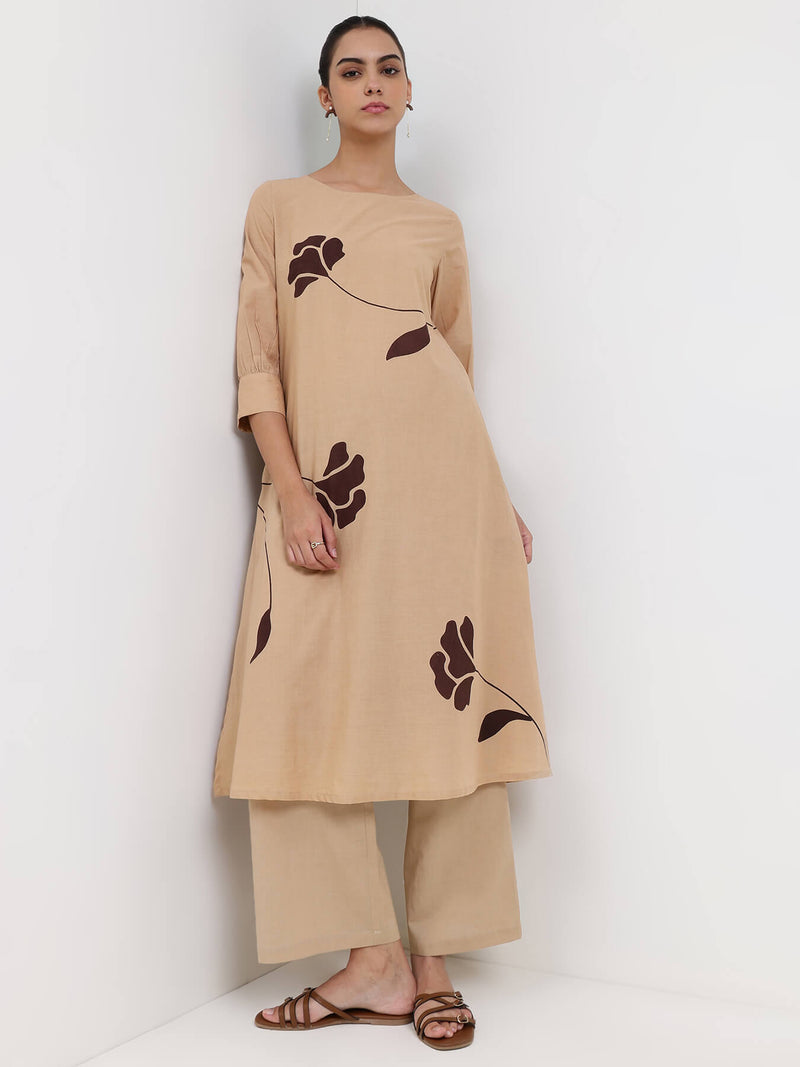 Cotton Floral A-Line Kurta Set - Beige