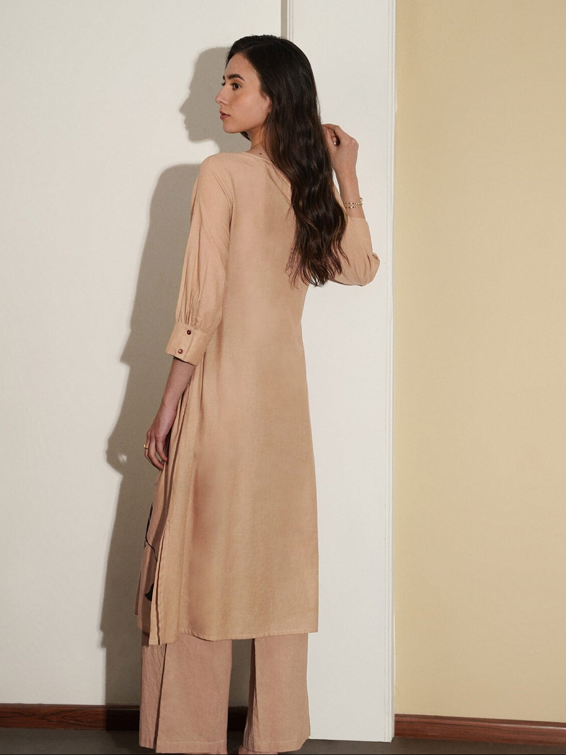 Cotton Floral A-Line Kurta Set - Beige