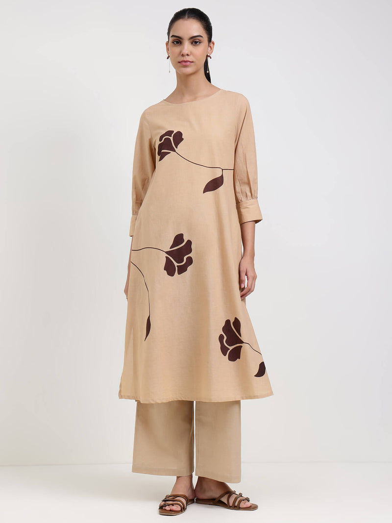 Cotton Floral A-Line Kurta Set - Beige