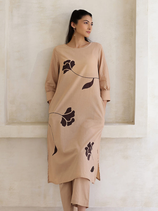 Cotton Floral A-Line Kurta Set - Beige