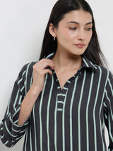 Cotton Striped A-Line Kurta Set - Grey