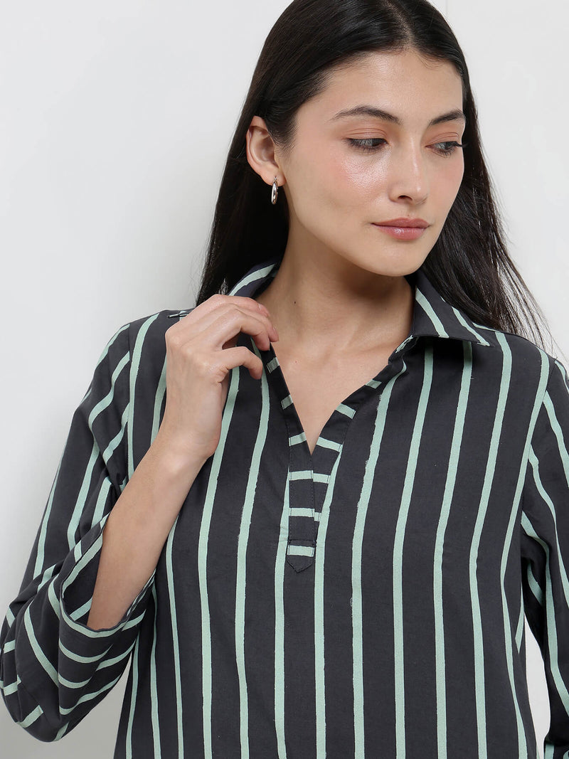 Cotton Striped A-Line Kurta Set - Grey