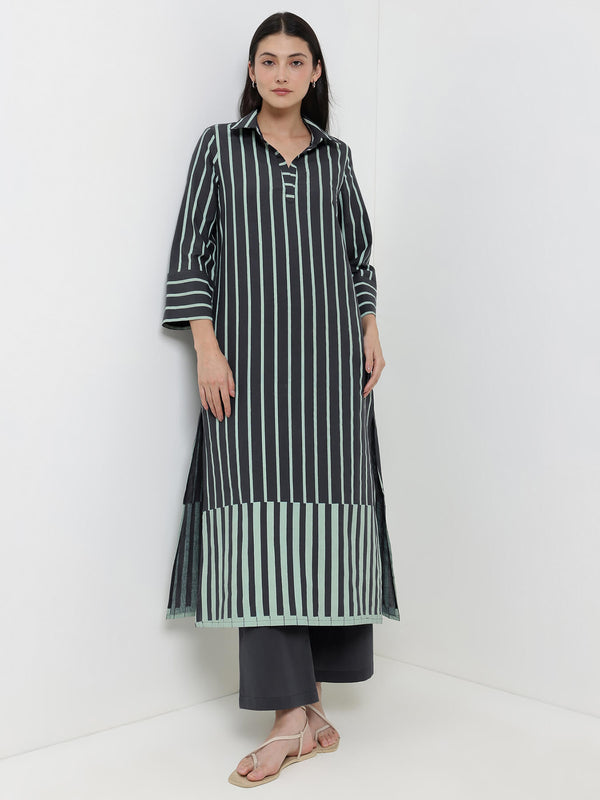 Cotton Striped A-Line Kurta Set - Grey