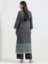 Cotton Striped A-Line Kurta Set - Grey
