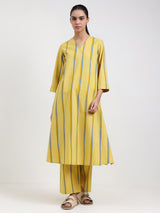 Cotton Striped A-Line Kurta Set - Yellow