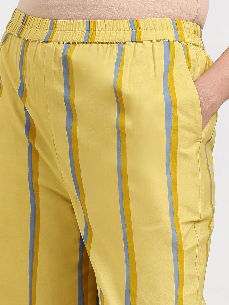 Cotton Striped A-Line Kurta Set - Yellow