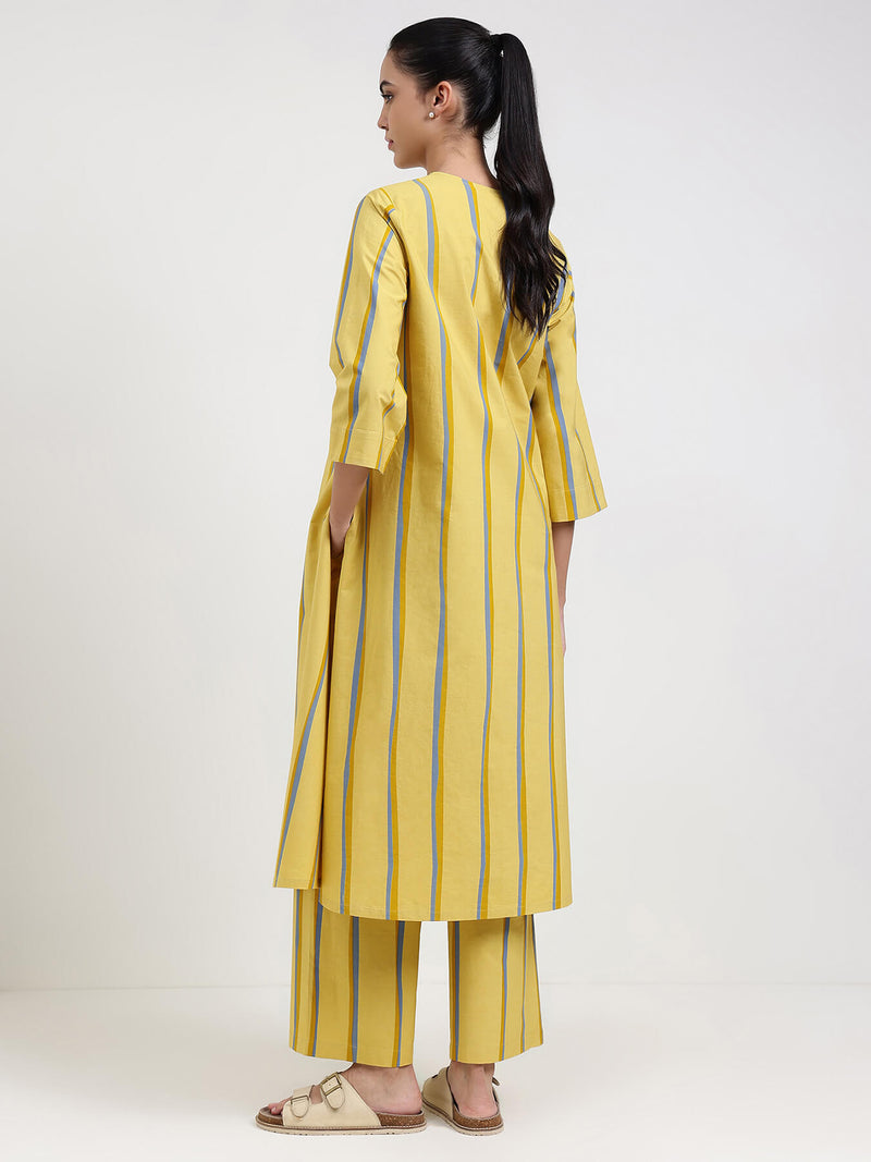 Cotton Striped A-Line Kurta Set - Yellow