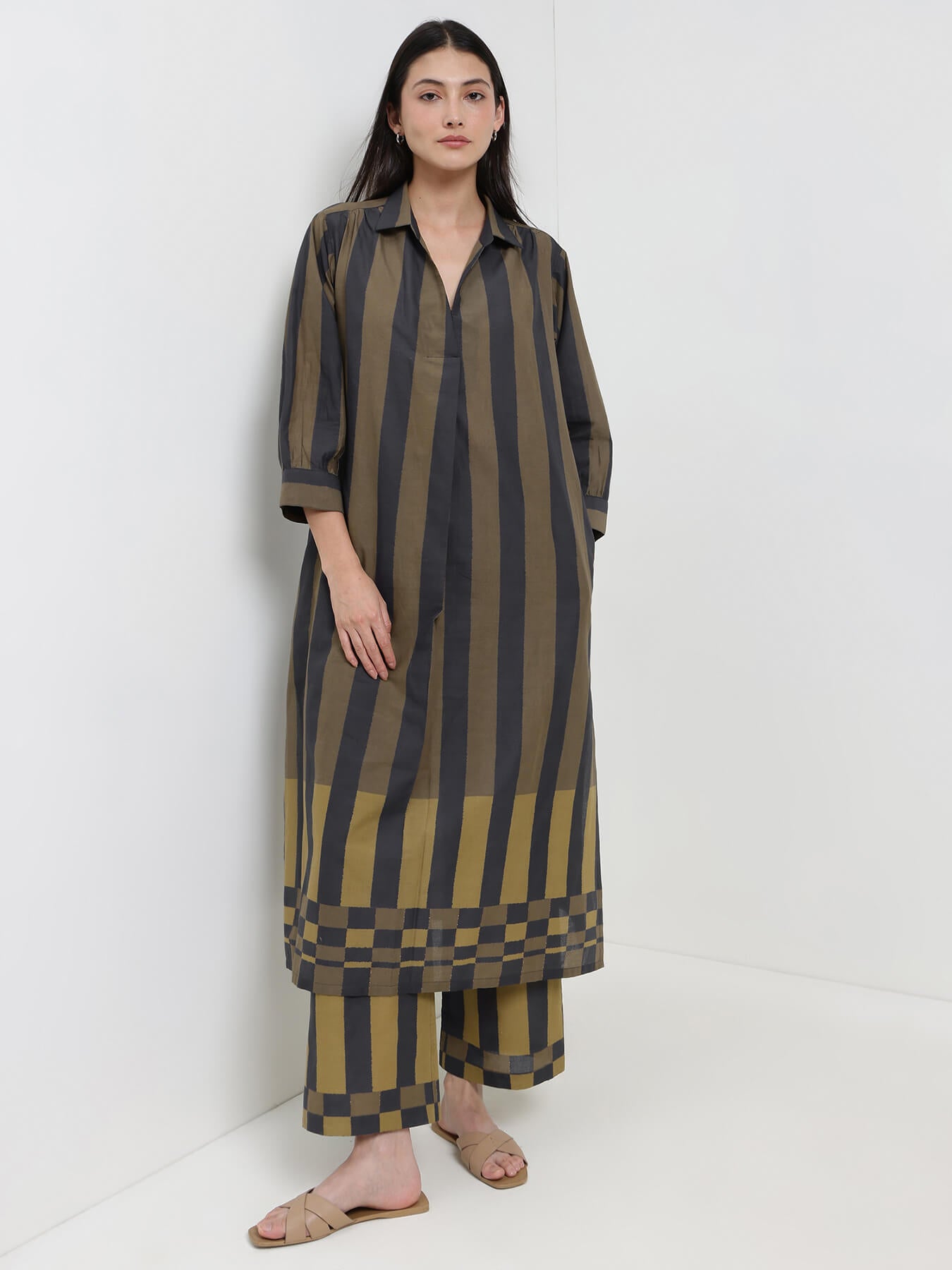 Cotton Striped A-Line Kurta Set - Black & Olive
