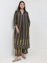 Cotton Striped A-Line Kurta Set - Black & Olive