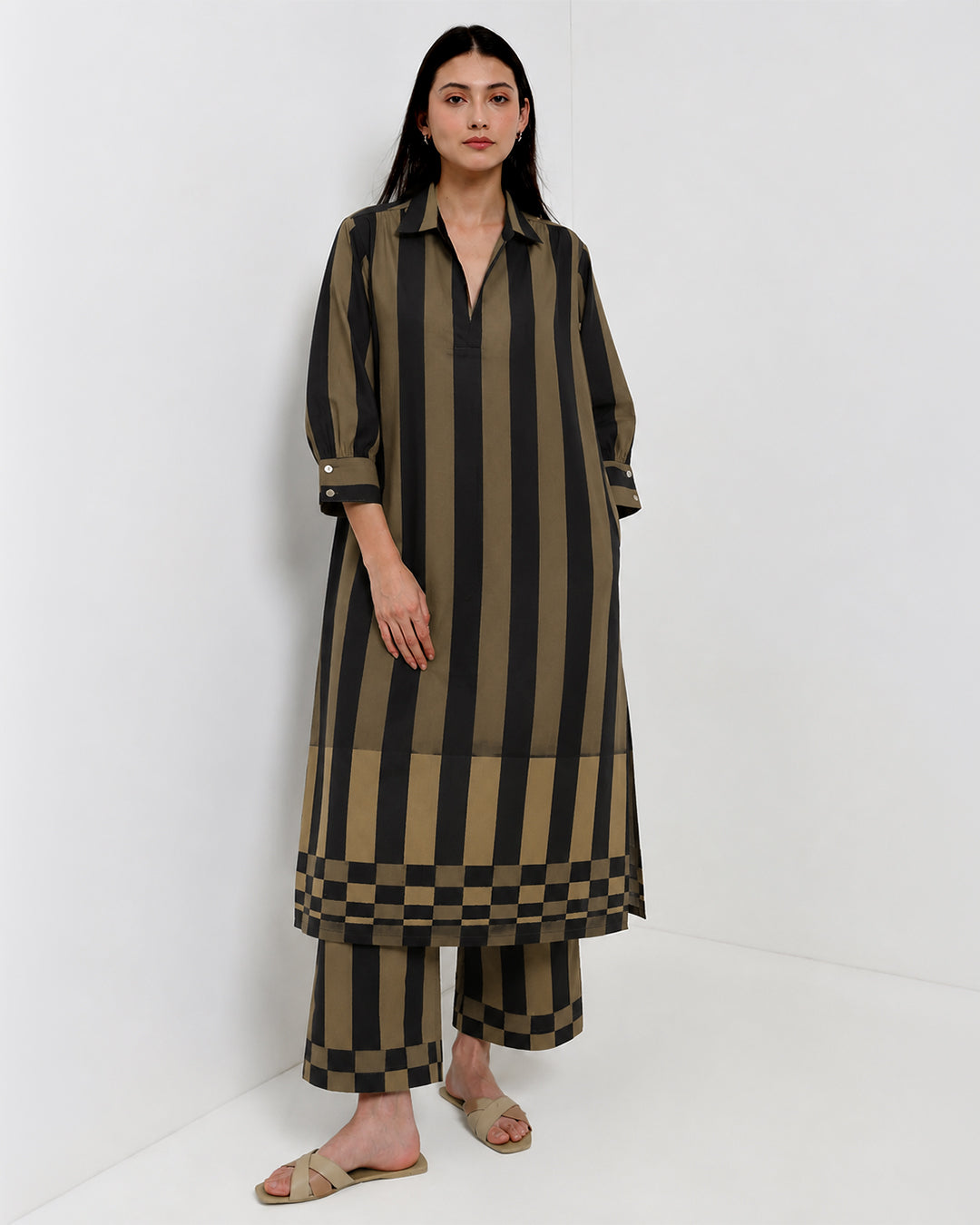 Cotton Striped A-Line Kurta Set - Black & Olive