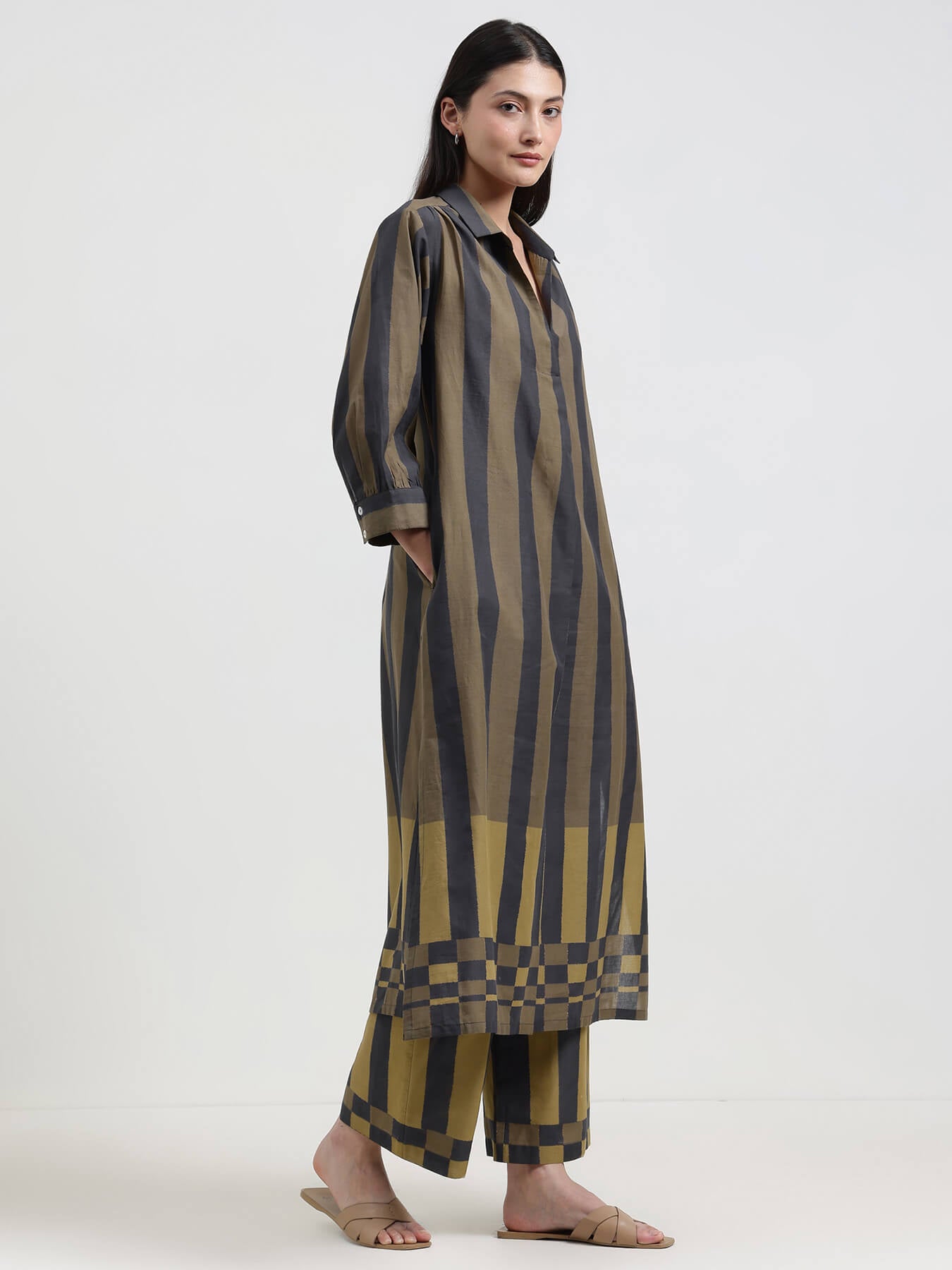 Cotton Striped A-Line Kurta Set - Black & Olive