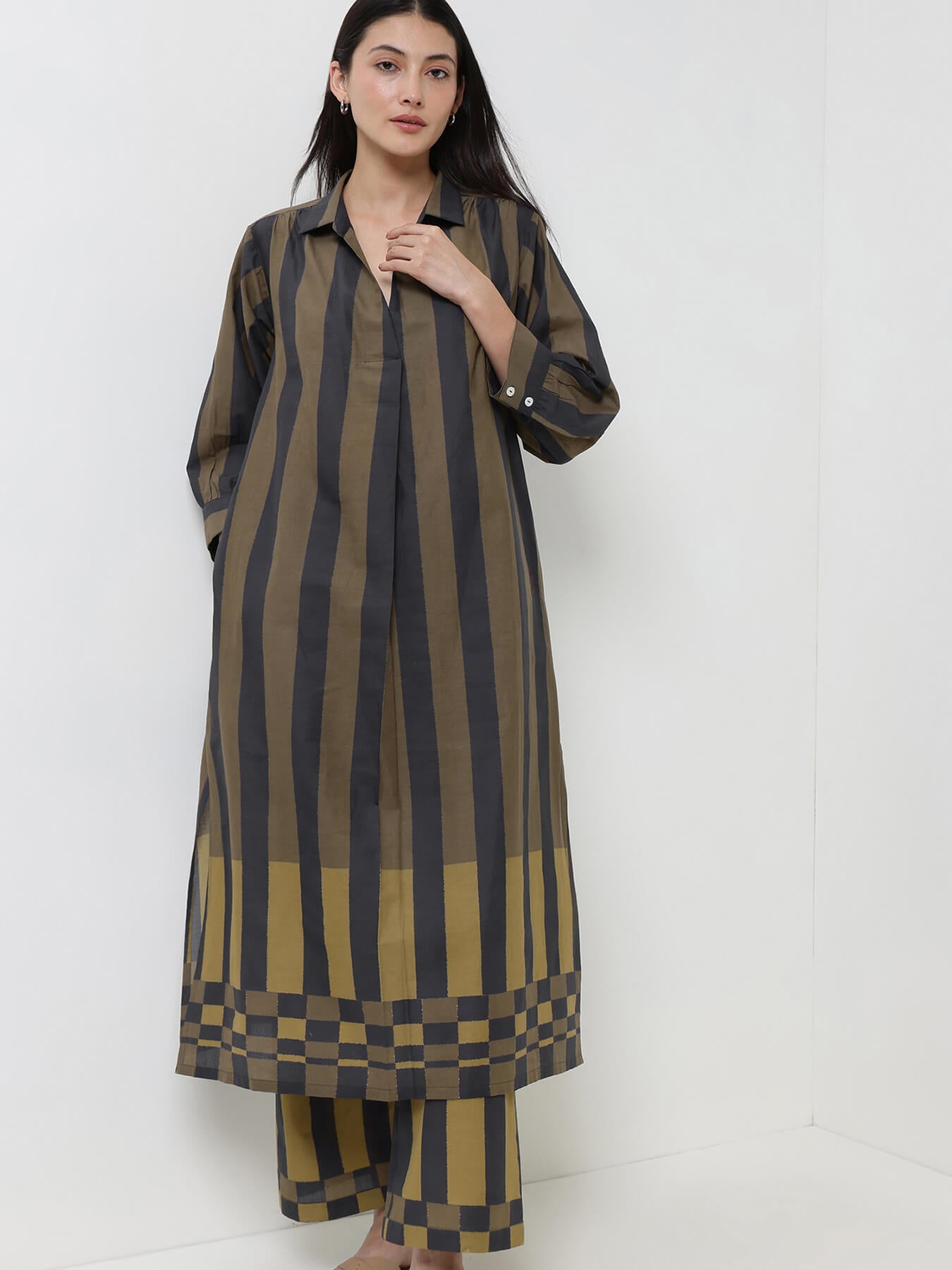Cotton Striped A-Line Kurta Set - Black & Olive