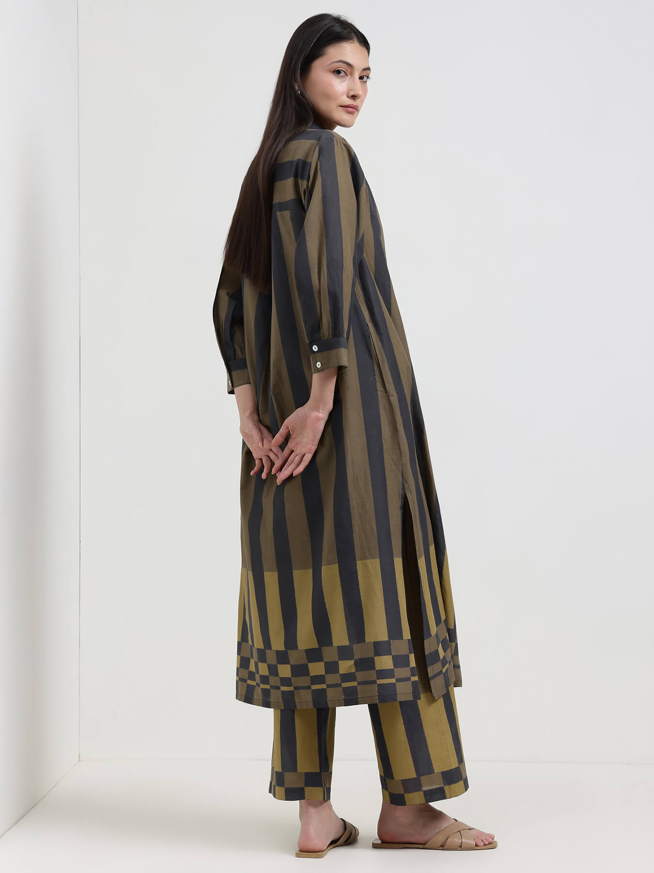 Cotton Striped A-Line Kurta Set - Black & Olive