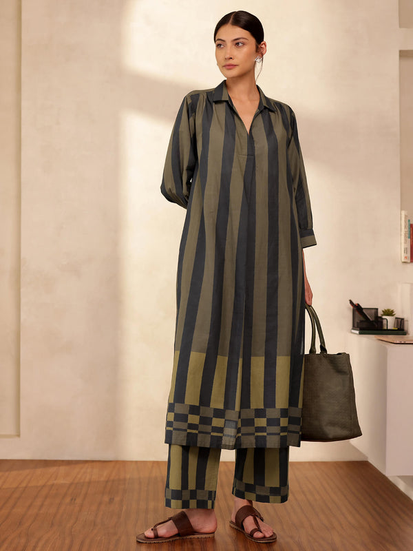Cotton Striped A-Line Kurta Set - Black & Olive