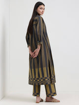 Cotton Striped A-Line Kurta Set - Black & Olive