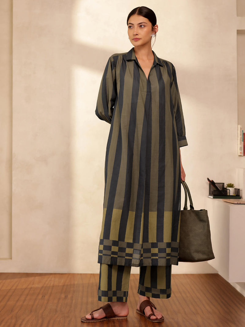 Cotton Striped A-Line Kurta Set - Black & Olive