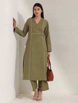 Cotton Colourblock A-Line Kurta Set - Green