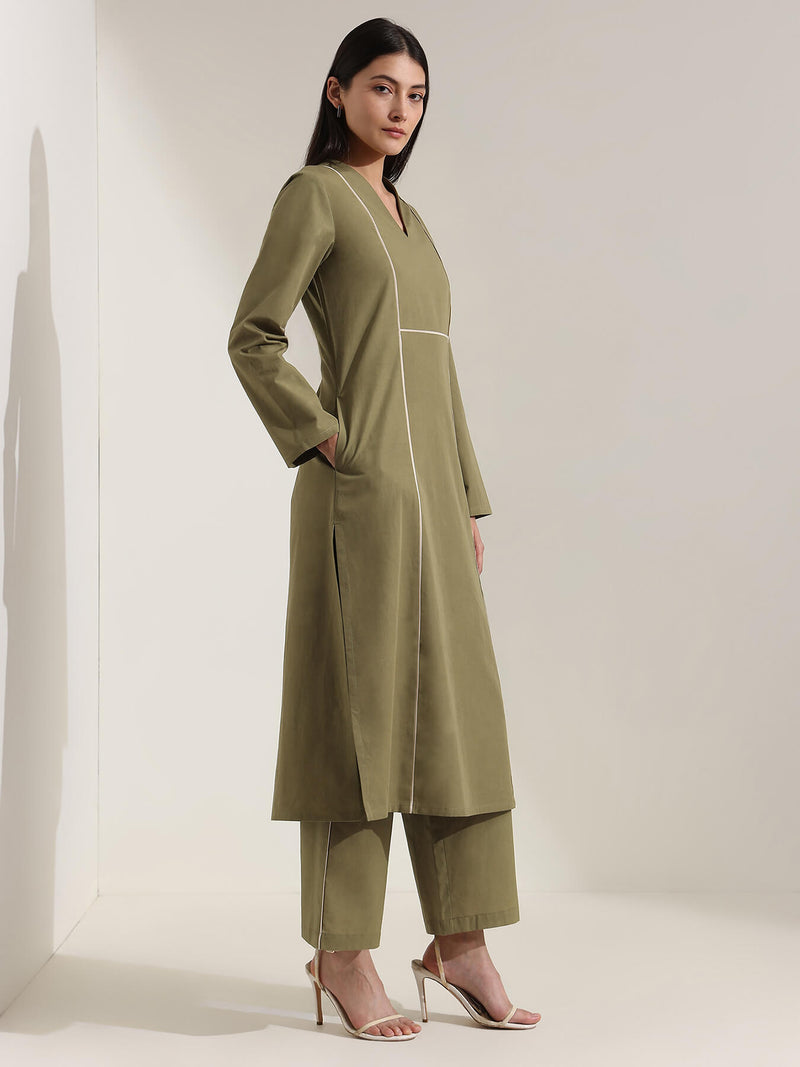 Cotton Colourblock A-Line Kurta Set - Green