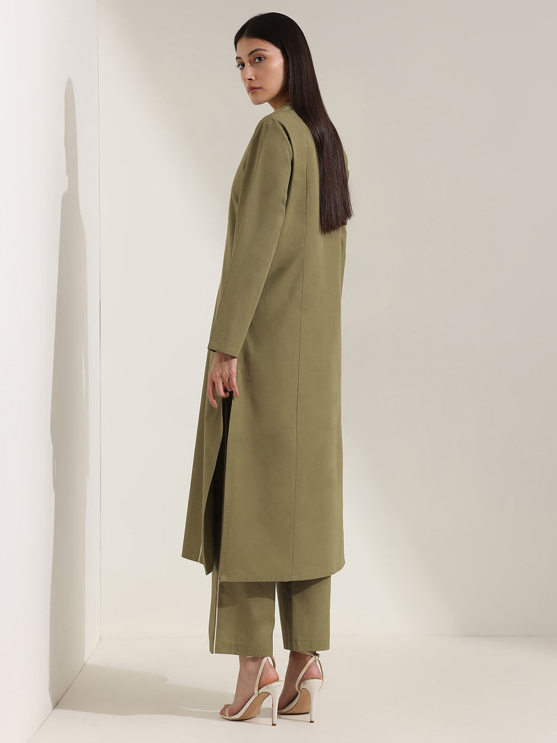 Cotton Colourblock A-Line Kurta Set - Green