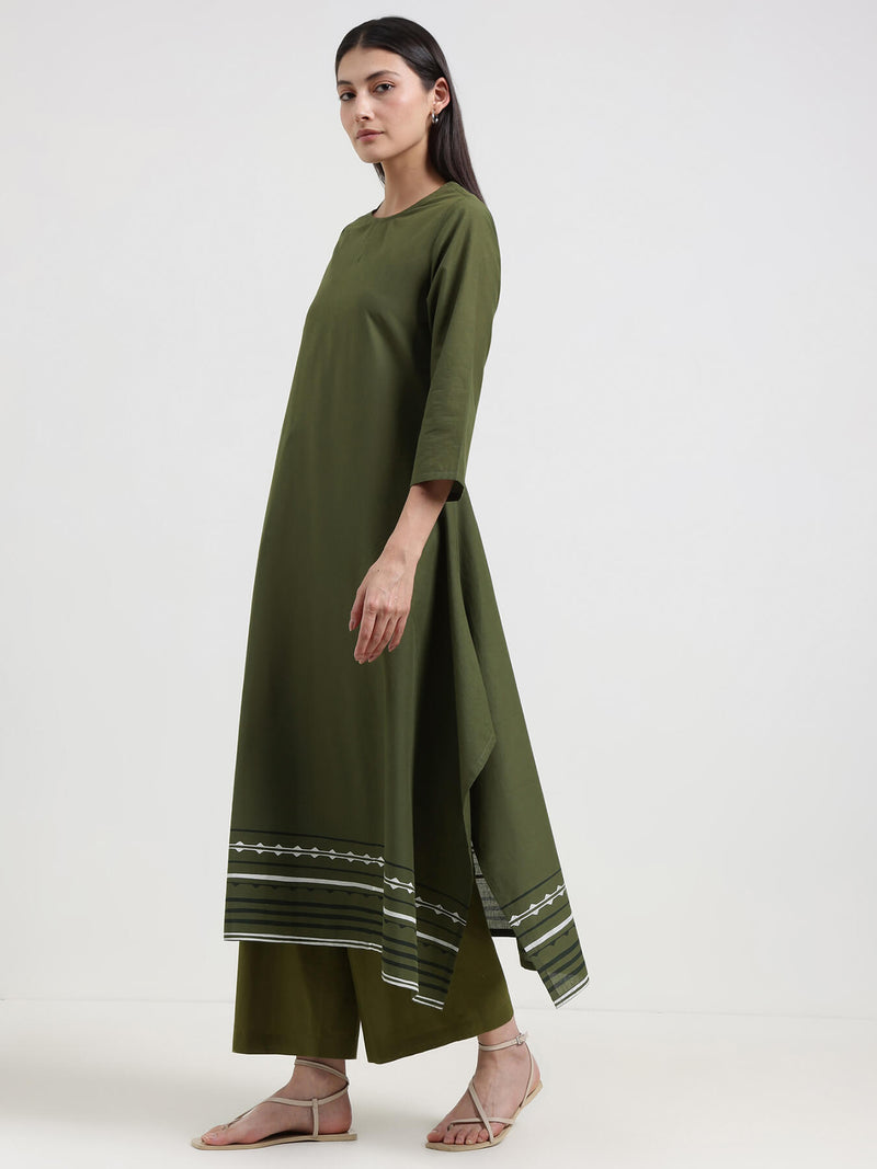 Cotton Striped A-Line Kurta Set - Green
