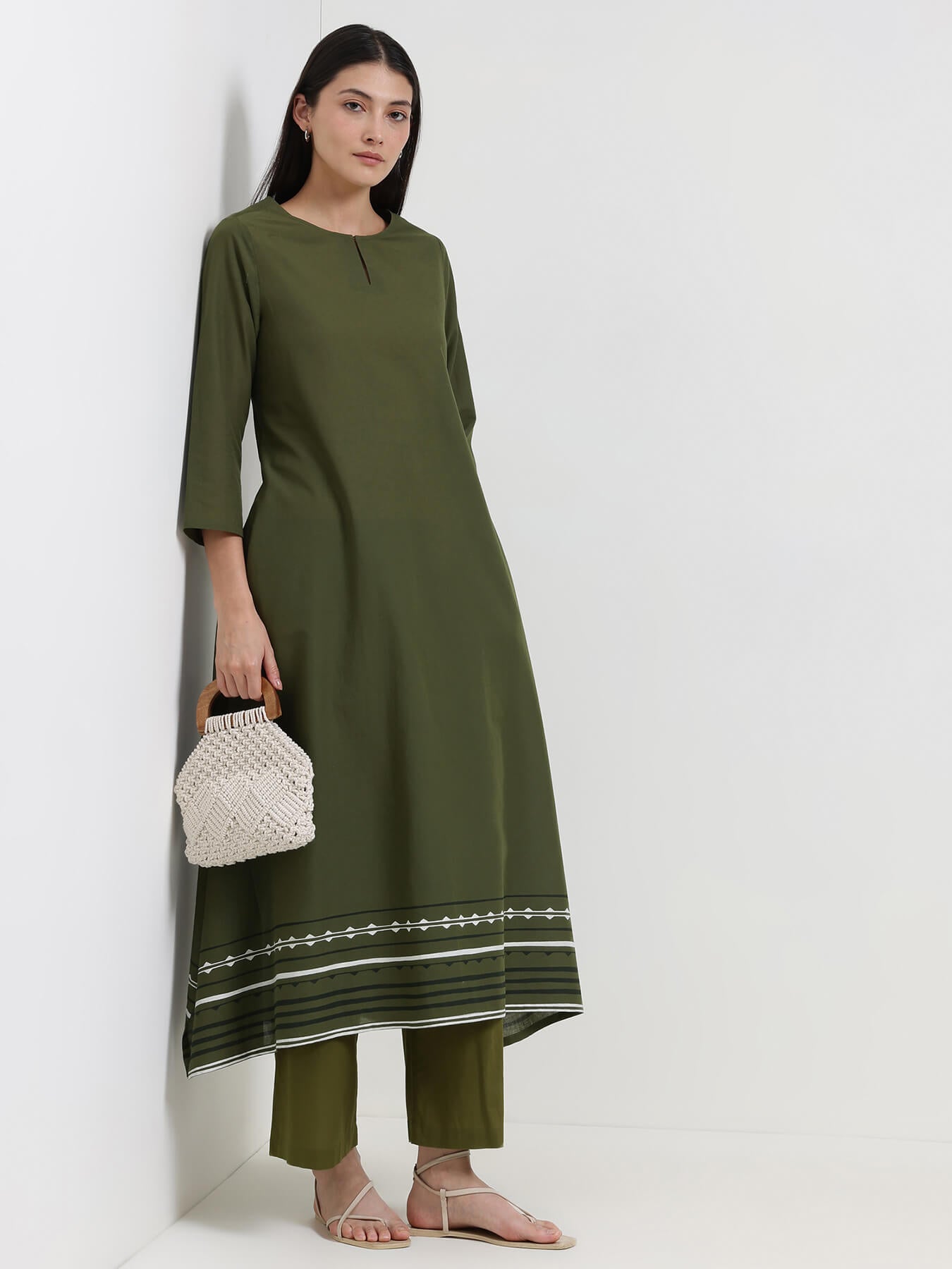 Cotton Striped A-Line Kurta Set - Green