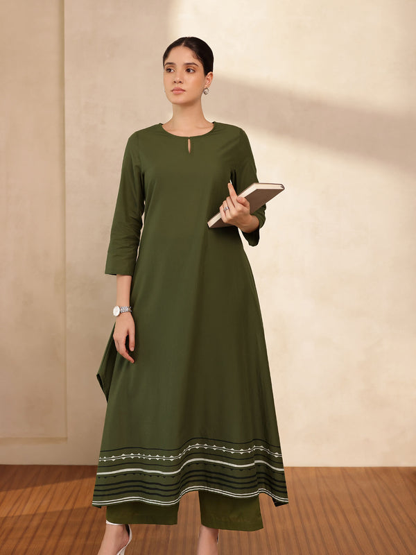 Cotton Striped A-Line Kurta Set - Green