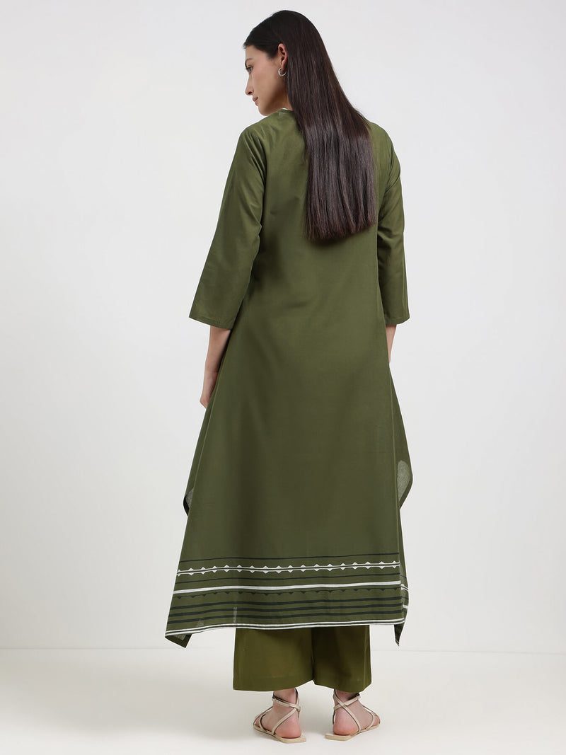 Cotton Striped A-Line Kurta Set - Green