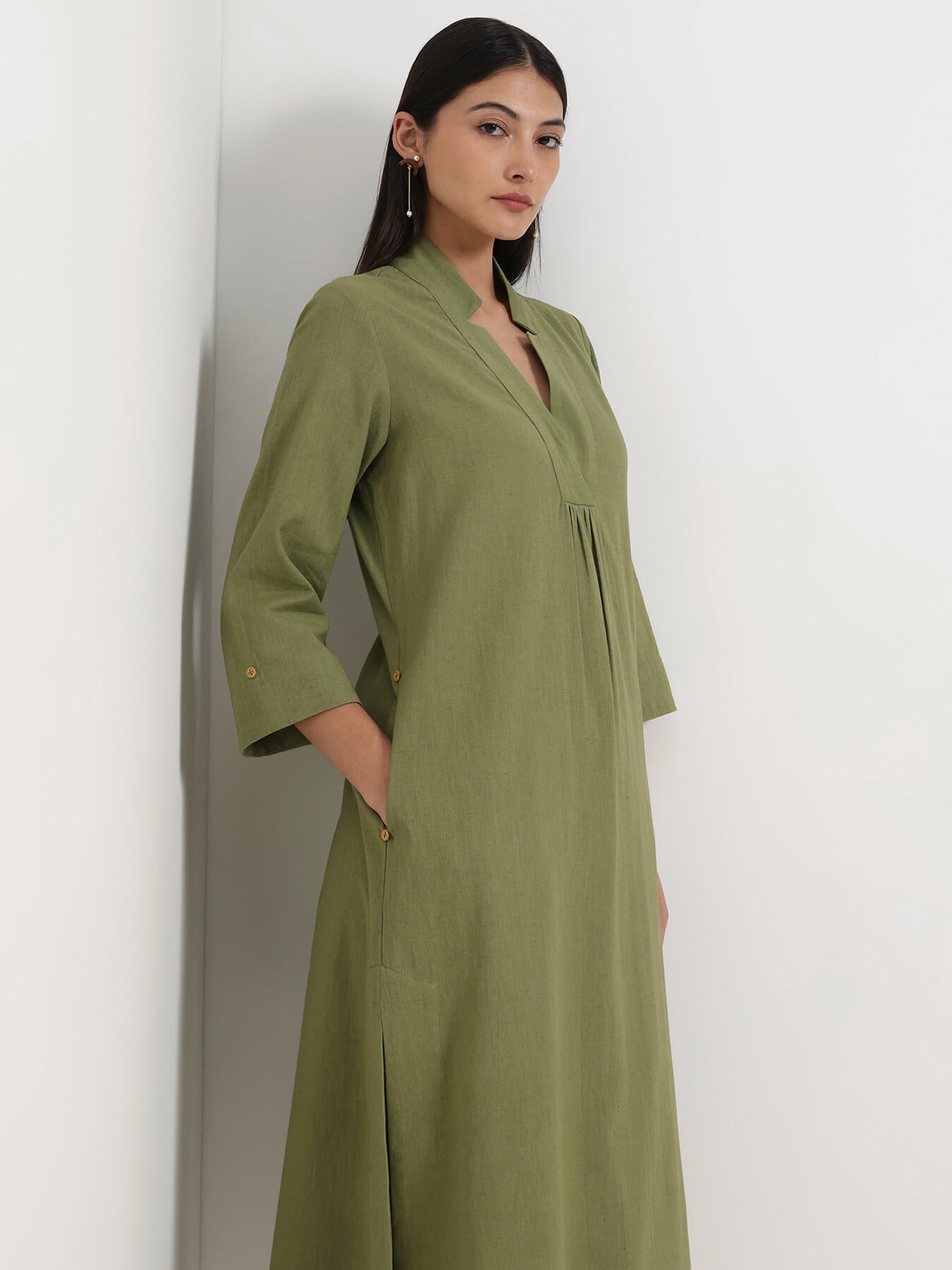 Linen Blend Solid A-Line Kurta Set - Green