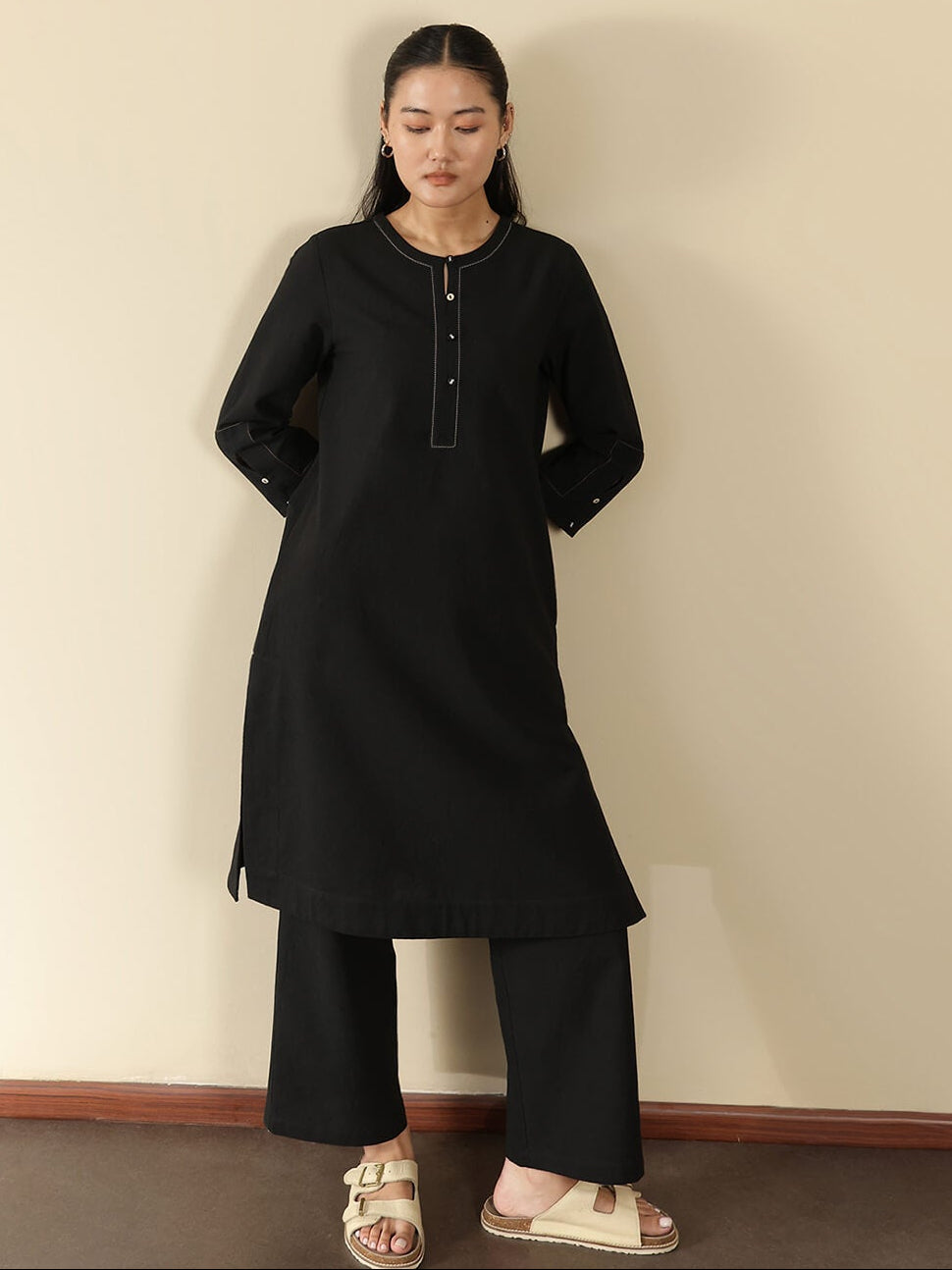 Linen Blend Solid A-Line Kurta Set - Black