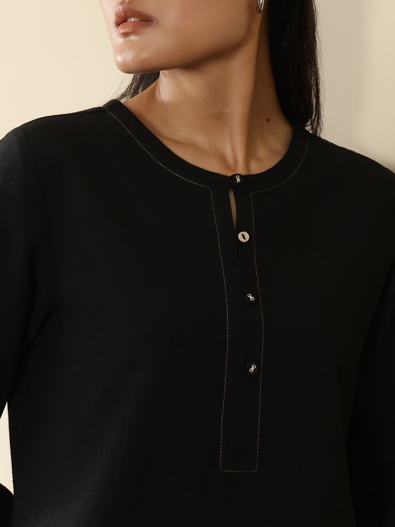 Linen Blend Solid A-Line Kurta Set - Black