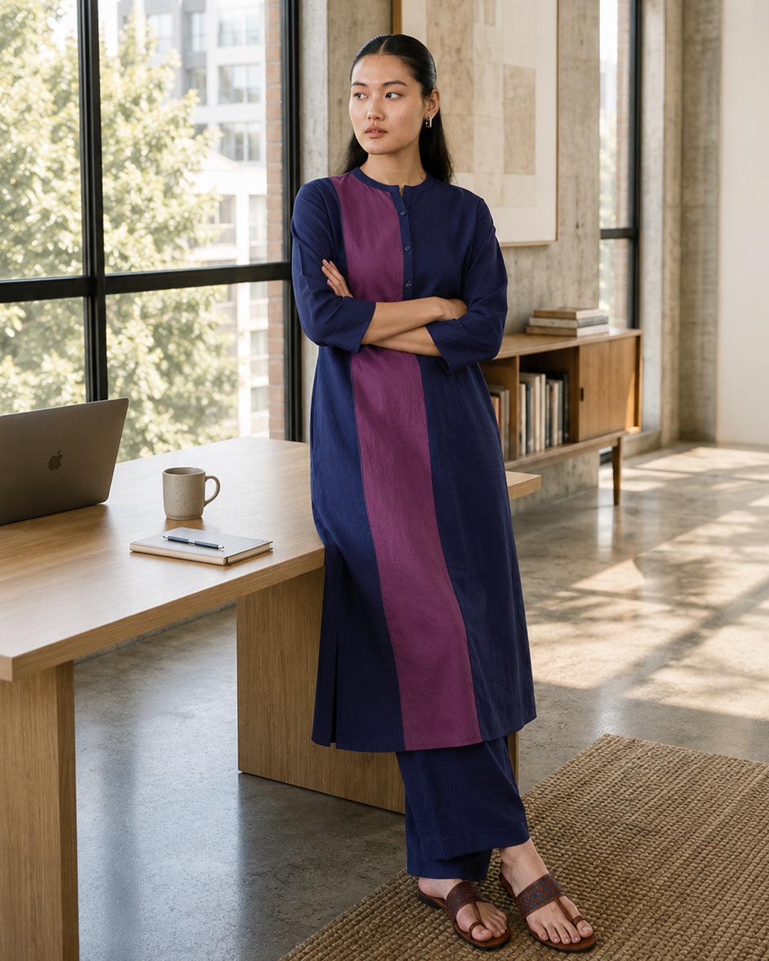 Linen Blend Colourblock Kurta Set - Navy Blue
