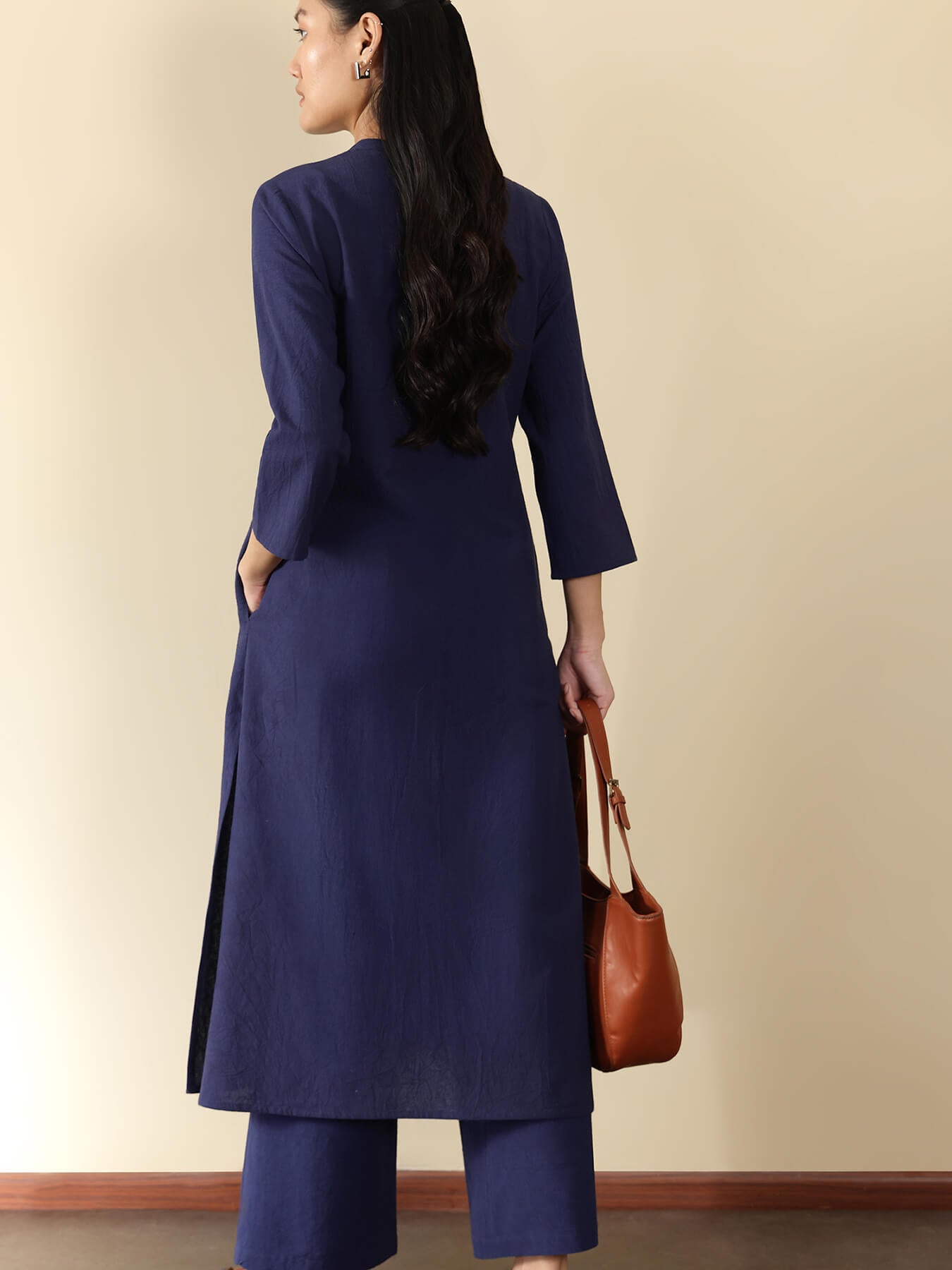 Linen Blend Colourblock Kurta Set - Navy Blue