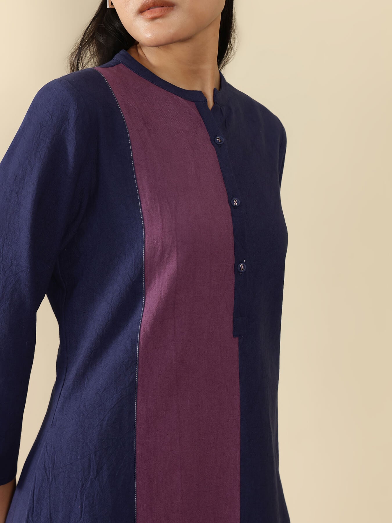 Linen Blend Colourblock Kurta Set - Navy Blue