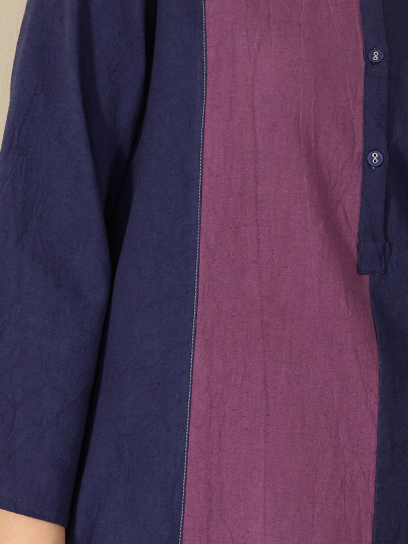 Linen Blend Colourblock Kurta Set - Navy Blue