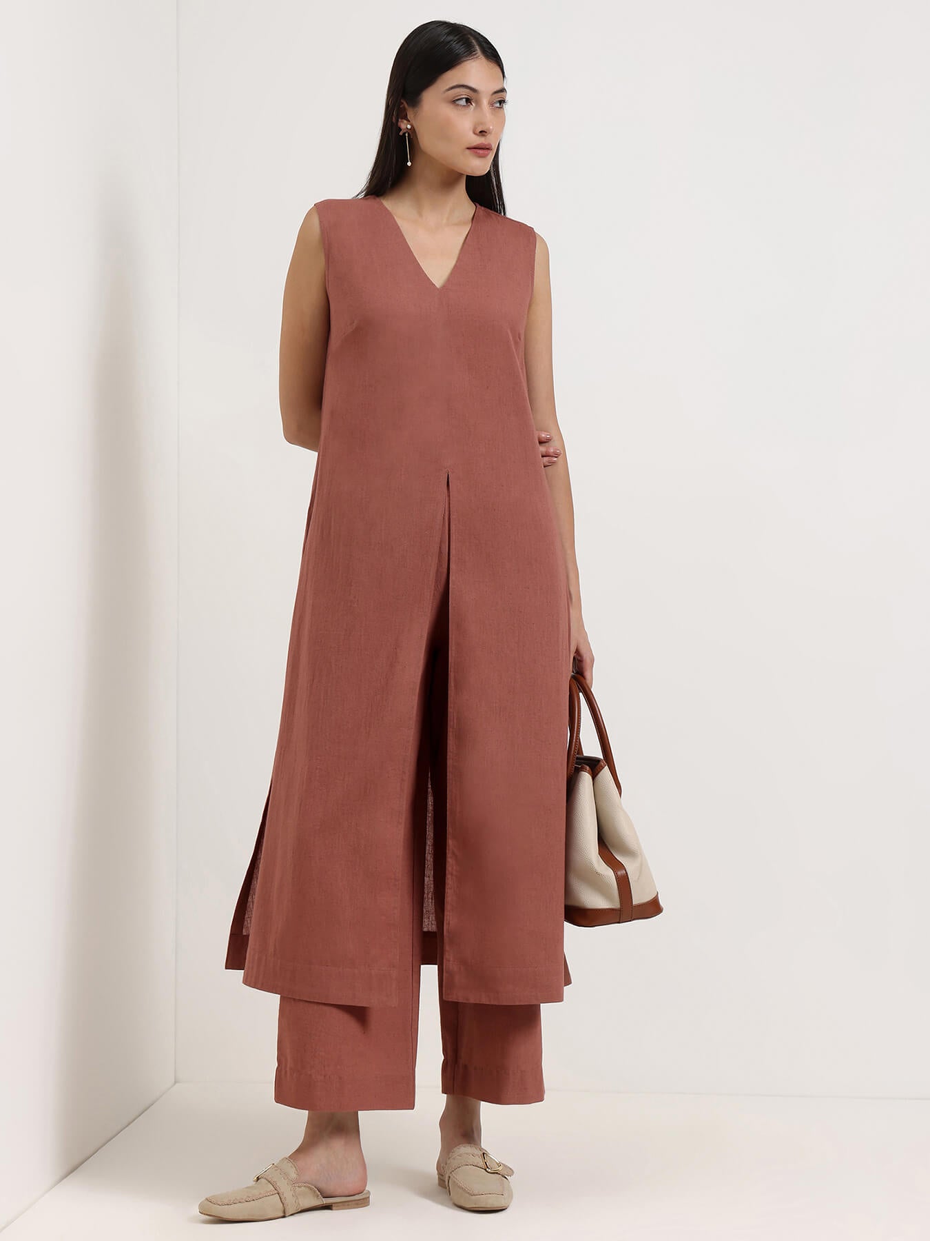 Linen Blend Solid A-Line Kurta Set - Rust