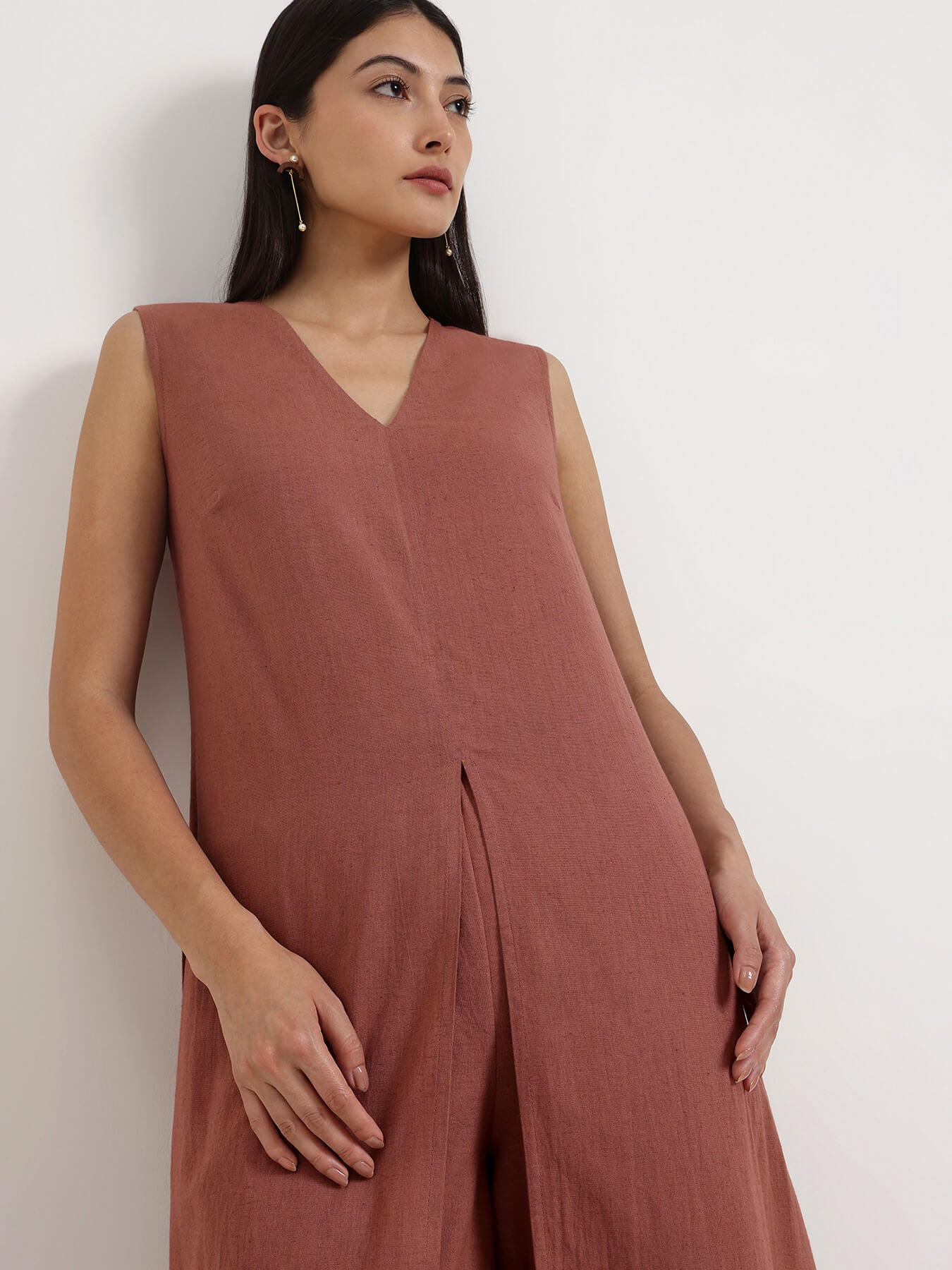 Linen Blend Solid A-Line Kurta Set - Rust