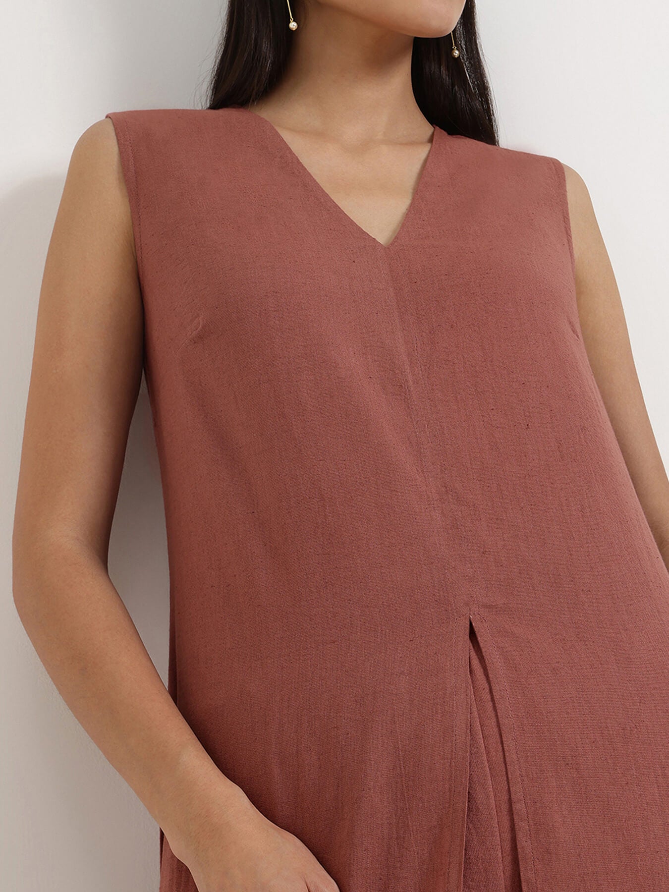 Linen Blend Solid A-Line Kurta Set - Rust