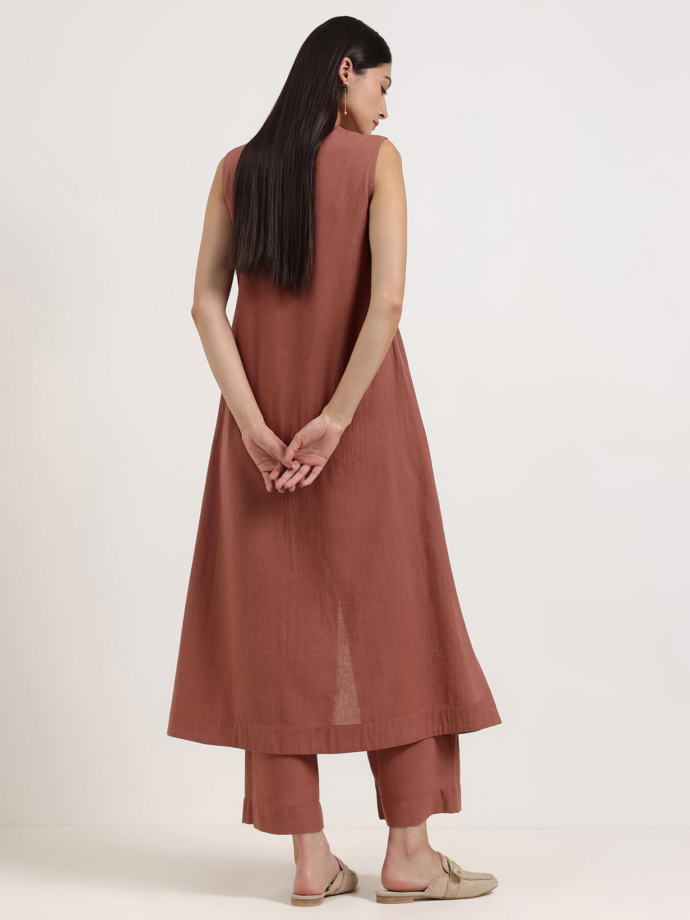 Linen Blend Solid A-Line Kurta Set - Rust